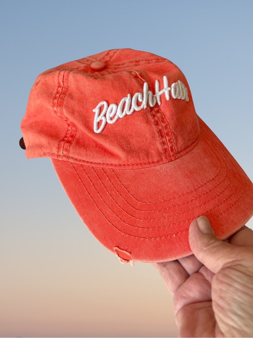 Beach Hair Dad Hat Leather Strap Back Orange White Distressed